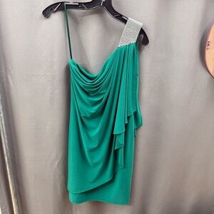 Cache One-Shoulder Green Dress with Silver Accent